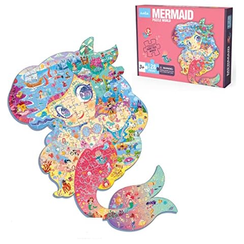 128 Piece Puzzles for Kids Animal Shaped Jigsaw Puzzles Floor Puzzle for Kids Ages 6+ Educational Learning Gifts for Boys and Girls (25" x 17" Mermaid) Cover