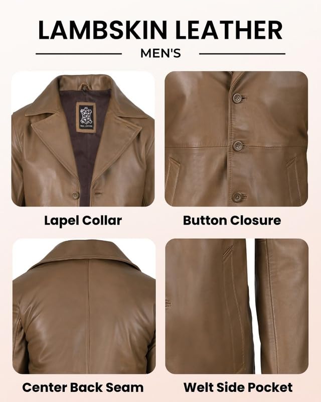 Image of Blingsoul Men's Leather Car Coat - Genuine Lambskin Long Leather Jacket for Men, Real Leather Coat with Lapel Collar