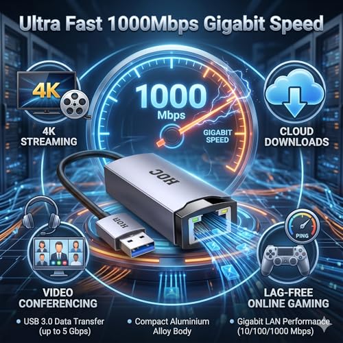 Image of HOC Technologies ARISHTHA USB 3.0 to RJ45 Gigabit Ethernet Adapter | 10 /100 /1000 Mbps | Aluminum Alloy | Driver-Free | Win 7 /8 /10 /11 | 3 Yr Warranty