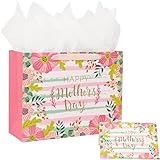 CAMKUZON Large Mother's Day Gift Bag with Card and Tissue Paper for Mom Grandma Nana Sisters - Gold Foil Happy Mother's Day & Pink Floral Design, 13' X 10' X 5'