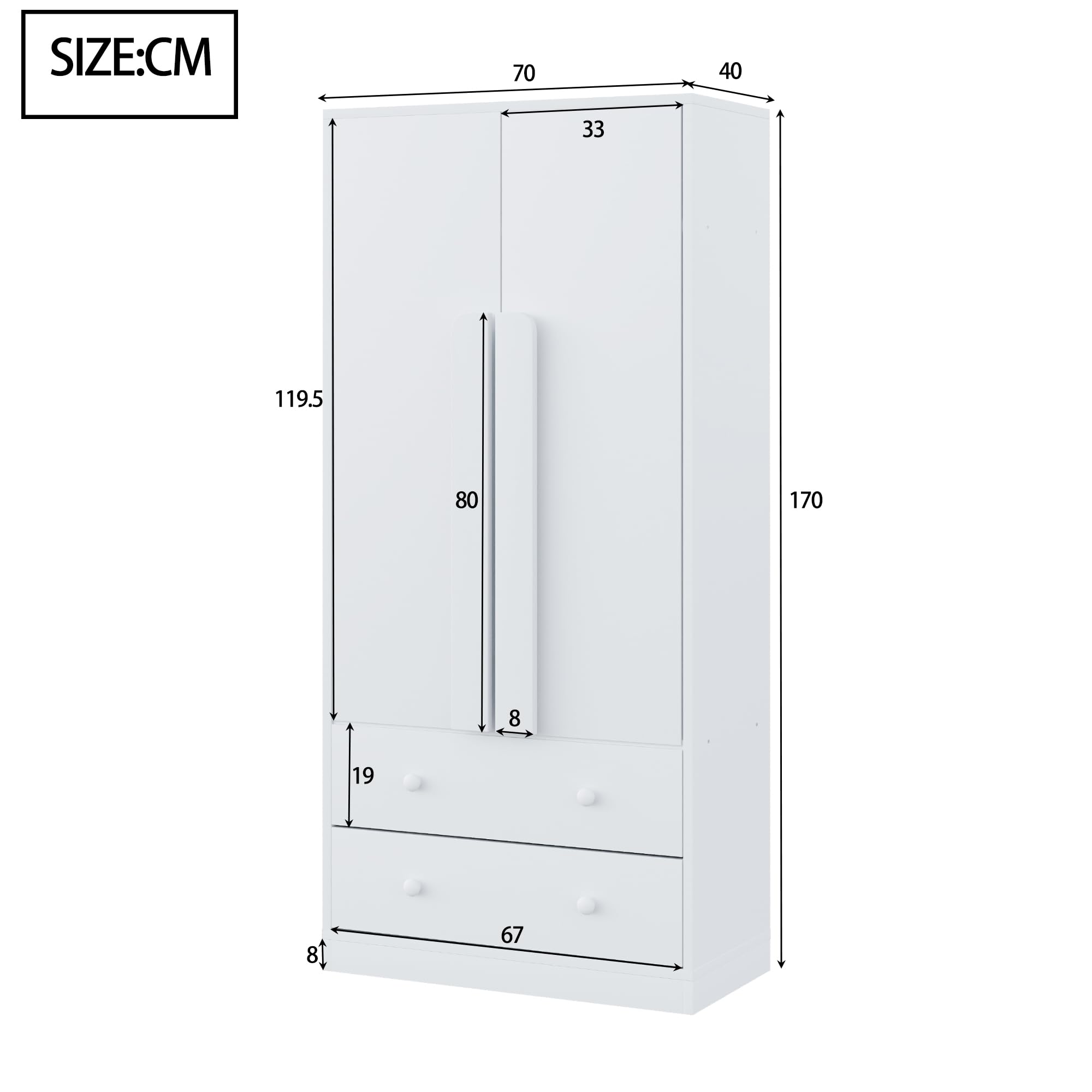 Soweiz Armario, Gran capacidad de almacenamiento con cajones, Duradero y estable, diseño de puertas dobles, con cajones y compartimentos de almacenamiento, 70x40x170 cm (blanco)