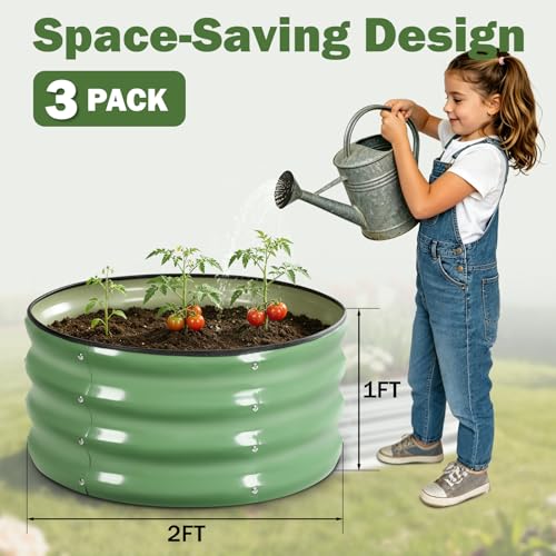 Image of 3 PCS Round Raised Garden Bed 2x2x1 ft, Metal Outdoor Planter Box Kit with Safety Rubber Edge, Easy Assemble Bottomless Small Planting Container for Vegetable, Flower, Fruit, Green