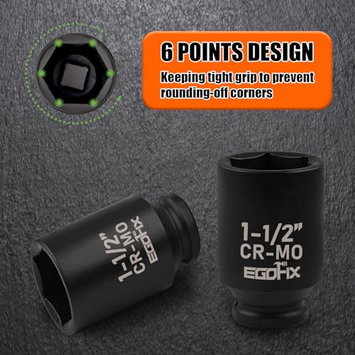 Image of 1 1 /2 Inch Socket 1 /2 inch Drive Deep Impact SAE Socket, Heat-Treated CR-MO Anti-Rounding 6 Point for Easy Removal of Axle Nut