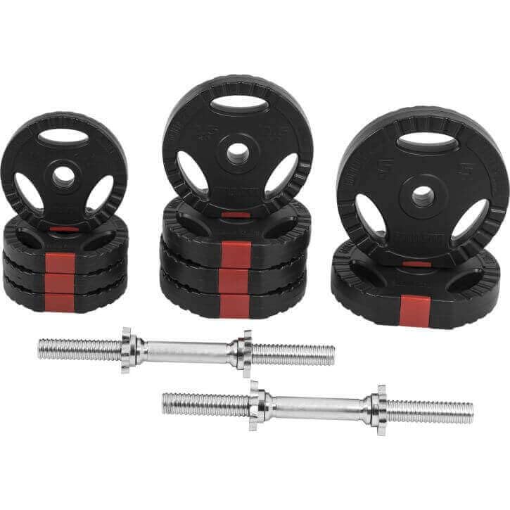 GORILLA SPORTS® Kurzhanteln 30 kg, 2er Set, 30 mm, Kunststoff, Gerändelt | Mit 2 Kurzhantelstangen, 4 Sternverschlüssen und 10 Hantelscheiben: 4 x 1,25 kg, 4 x 2,5 kg, 2 x 5 kg; Hantelset
