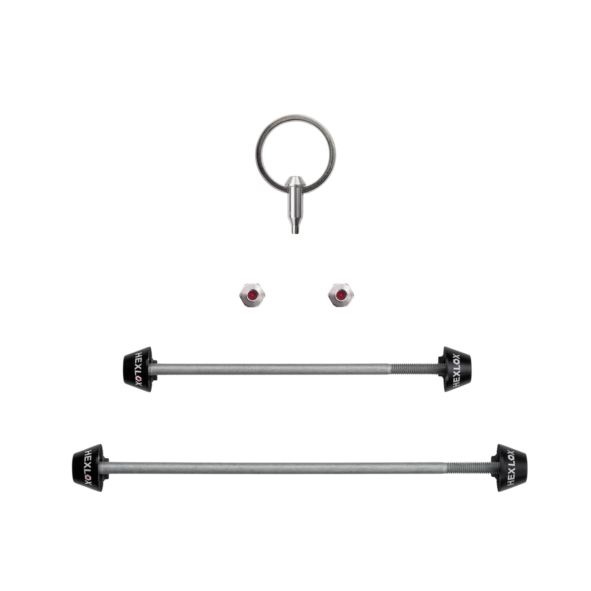 Hexlox Kit d'essieux pour sécuriser les roues - Protection antivol pour roue avant et arrière, avec 2 x 5 mm et clé, pour blocage rapide sur VTT, vélo de route et vélo Hexlox Kit d'essieux pour sécuriser les roues - Protection antivol pour roue avant et arrière, avec 2 x 5 mm et clé, pour blocage rapide sur VTT, vélo de route et vélo