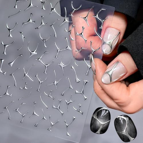 Metallic Irregular Line Nail Stickers Silver Artistic French Wave Line Design Nail Art Stickers Abstract Gothic Punk Stripe Curve Fragments Lines Sticker Nails Supplies Decor Manicure Accessories DIY
