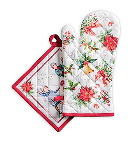 Maison d' Hermine Oven Mitt + Pot Holder 100% Cotton Heat Resistant Oven Mitt (19cm x 33cm) & Pot Holder (20cm x 20cm), Chef, Women & Men Party, Chromo - Thanksgiving/Christmas