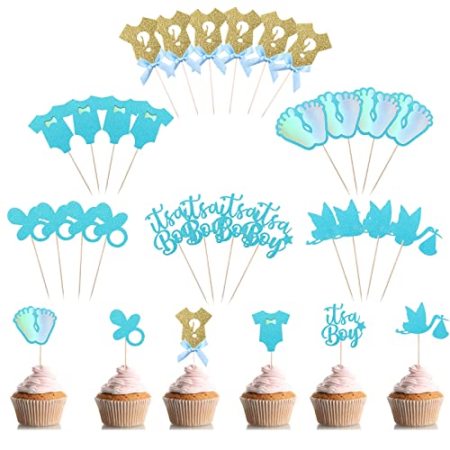 26 Pièces Gâteau Topper Décoration, Bleu Boy Cupcakes Toppers, Baby Shower Accessoires pour Baptême, Anniversaire, Prénatale, Gender Reveal Party (Bleu Boy)