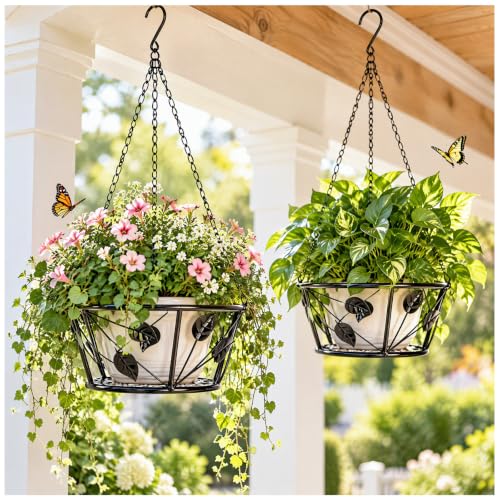 LiliGloris 2 Pack Metal Plant Hanger with Ceiling Hook – Heavy Duty Rustproof Hanging Plant Basket for Indoor Outdoor Use,Modern Black Planter Flower Pot Holder for Balcony (2, Black)