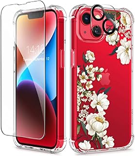 GVIEWIN Compatible with iPhone 14 Plus Case 6.7" 2022,with Tempered Glass Screen Protector+Camera Lens Protector,Flower Clear TPU Slim Bumper Shockproof Protective Soft Cover,Magnolia/White