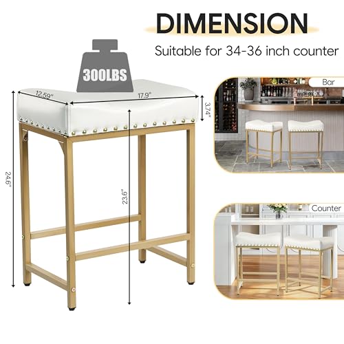 Image of Bar Stools Set of 2, 24 Inch Gold White Counter Height Stools with Cushion, Faux Leather, Metal Frame, Modern Style Stools for Kitchen Counter Island