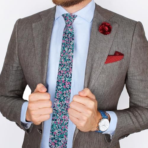 Image of Mantieqingway Men's Skinny Tie, Cotton Floral Ties for Men Wedding Necktie for Groom, Groomsmen, Missions, Dances