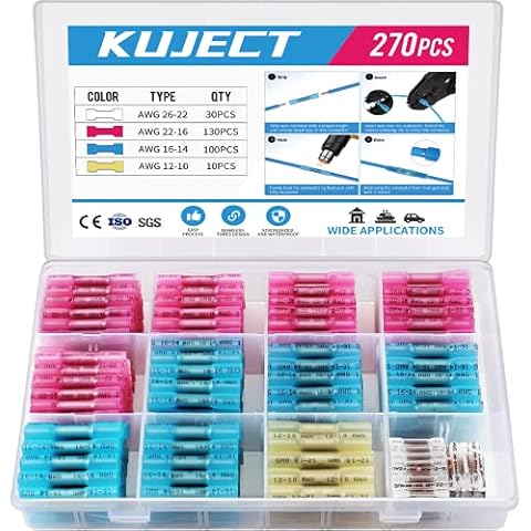 Kuject Kabelverbinder 270stk Stoßverbinder, Quetschverbinder Wasserdicht Schrumpfverbinder Set 10-22 AWG Stossverbinder Cover