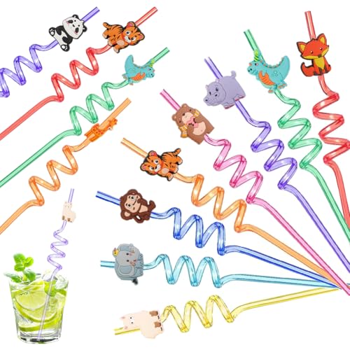 12 Piezas Animales Pajitas,Pajitas Rizadas,Pajitas Reutilizables Niños,Pajitas para Niños,Pajitas Fiesta En Espiral,Pajitas Decoracion,Pajitas Cumpleaños Infantil,Pajitas Multicolor para Leche,Jugos