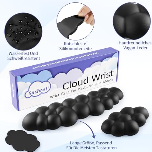 Sushret Wolkenförmige Handballenauflage für Tastatur, ergonomische Tastatur-Handauflage aus PU-Leder mit Memory-Schaum gegen Müdigkeit, Schreibtisch Zubehör für Büro, PC & Gaming – Schwarz