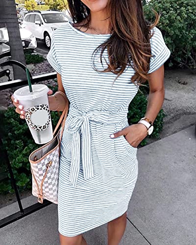 Image of PRETTYGARDEN Women's Summer Short Sleeve Crewneck Striped Dress Basic Solid Tie Waist Office T Shirt Dresses Pockets