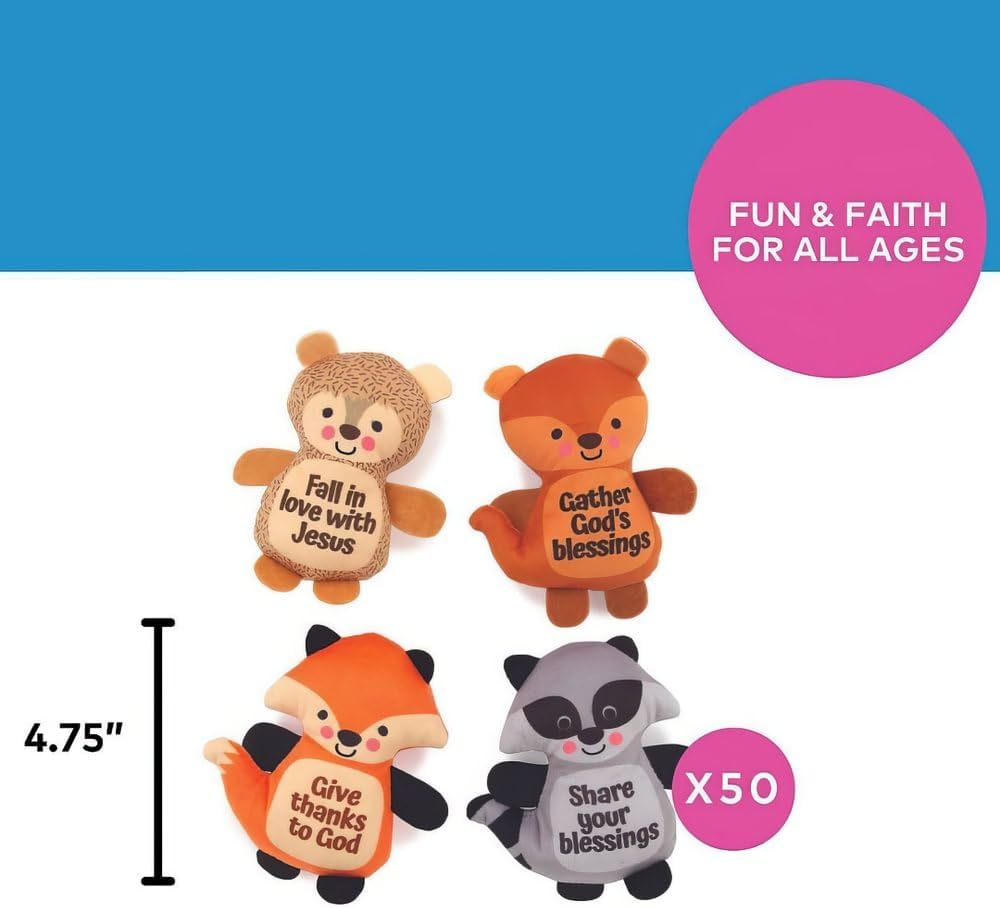 Fun Express 4.75” Religious Fall Sayings Plush Toy Assortment - Faith-Themed Stuffed Animals for Kids & Celebrations - 50 Piece