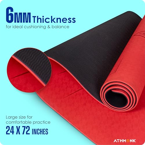 Image of Dual Colour TPE Pro Yoga Mat for Woman and Man with Alignment Guide Lines | Home Gym Equipment Exercise Mats for Workout | 6mm Thick Anti Slip Mat for Kids | Big Size with Cover Bag, Red