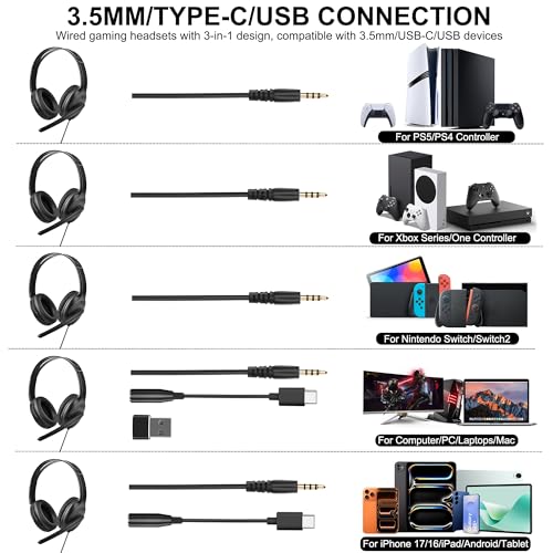 Image of Wired Gaming Headset with Mic for Xbox /PS5 /PS4 /Switch /PC /Laptop /Tablet /Phone, Over-Ear Headphones with USB-A /C & 3.5mm Jacks /330 Rotating Microphone /In-line Control for Home Office Business Work