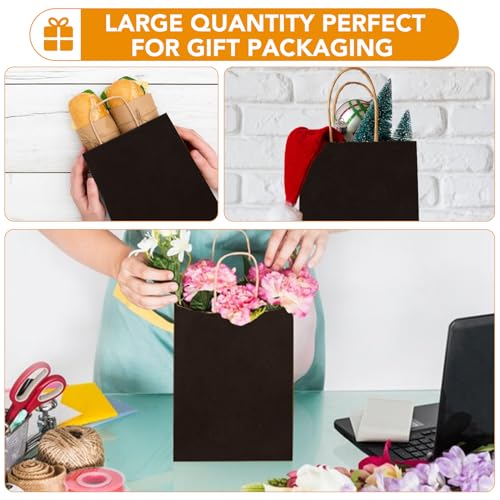 XPCARE 100Pcs Paper Gift Bags 5.25x3.25x8.25'', Small Paper Bags with Handles Bulk, Kraft Paper Bags for Birthday Party Favors, Shopping, Retail Black - Thumbnail 7