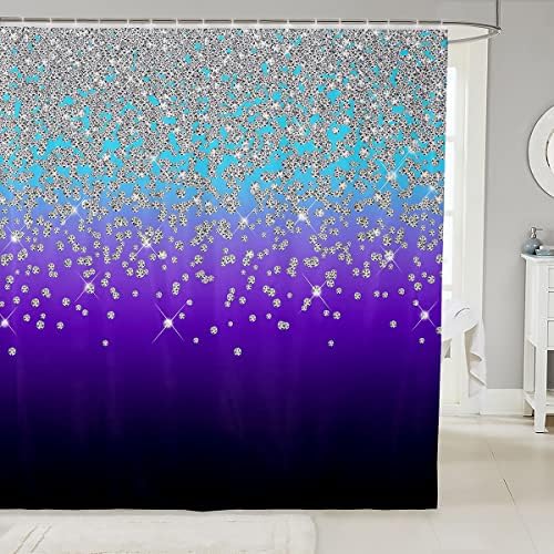 Loussiesd Silver Glitter Bath Curtain (No Glitter) Bling Partyations Shower Diamond Black Bathroom Fabric Set for Stalls Bathtubs Waterproof Curtains Bathtubs, 150cmW*180cmL