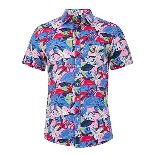 Loveternal Camisa Flamencos Hombre Camiseta árbol de Coco Estampada Hawaiana Vacaciones Impresa 3D Funky Summer Cotton Flores Shirt L