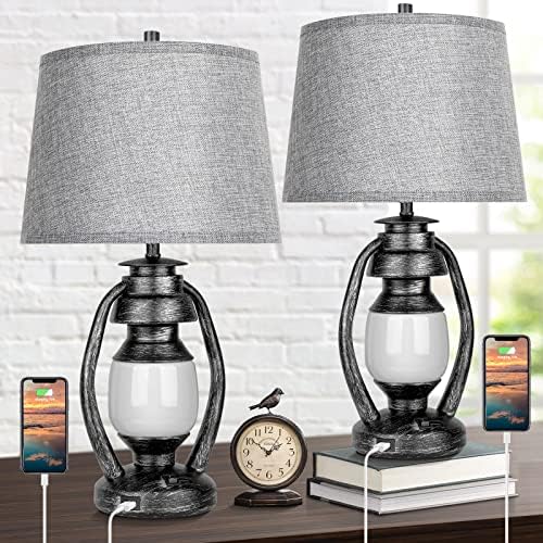 3-Way Dimmable Touch Control Table Lamps Set of 2 with Farmhouse Lantern Nightlight, 23’’ Bedside USB Lamp for Living Room Nightstand End Table Reading Desk, Fabric Gray Shades, A19 LED Bulbs Included