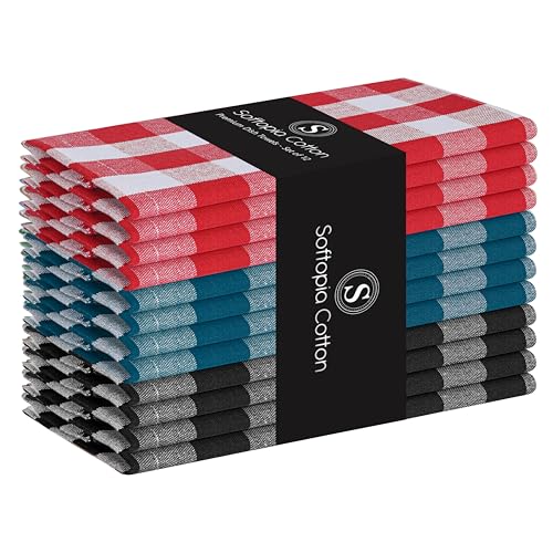 Image of Multi Dish Towels 12 Pack Combo, 18 inchx26 inch, Quick Drying Cloths, 100% Cotton, Absorbent Wash Rags, Washable, Reusable Cleaning Towels for Dishes, Kitchen Drying Use - Red, Black, Teal