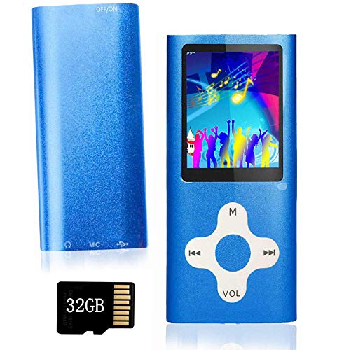 Ploveyy MP3 Player MP4 Player Including a 32GB Micro SD Card,extensible 64 GB,Mini USB Port 1.8 LCD, with Photo Viewer, E-Book Reader, Voice Recorder & FM Radio,Video/Media/Music Player (32GB-Blue)