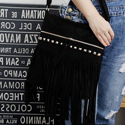 Image of Hoce Women's Leather Fringe Messenger Bag Large Hobo Crossbody Tassel Shoulder Bags, Gift for Mom Wife Girlfriend
