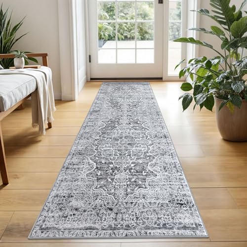 KUTA Vintage Washable Runner Rug, 2x5 Runners Non-Slip Vintage Grey White 5ft Hallway Kitchen Rugs Soft Printed Distressed Tribal Farmhouse Carpet for Bedroom Entryway Decor