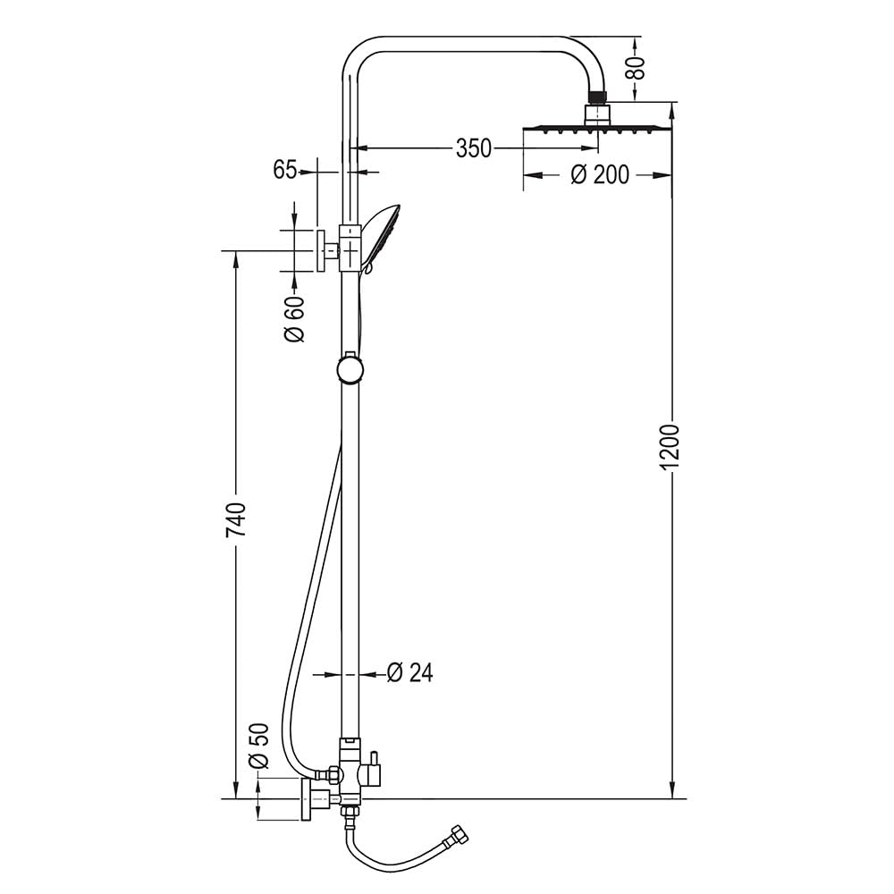 Columna de ducha SIN GRIFERÍA extensible de 80 a 120 cm. Se conecta a grifos de ducha estandar. Incluye desviador, 2 flexos de 60cm y 175cm, ducha de mano hidromasaje y rociador superior redondos