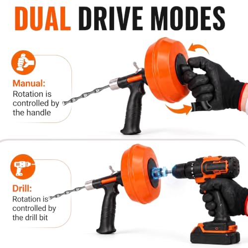 Image of Drain Snake 50-Foot, Manual or Drill Powered Drain Auger | Heavy Duty Flexible Plumbing Snake for Clog Removal in Kitchen, Shower, Sink, Toilet and Bathtub, with Gloves and Storage Bag