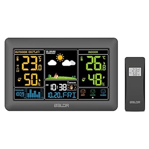Wireless Weather Station with Sensor, Indoor Outdoor Thermometer, Color Display, Digital Atomic Clock, Temperature and Humidity, Calendar, Alarm Clock, Forecast Station for Home