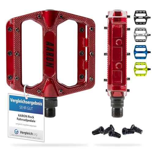AARON Rock - MTB Pedale Fahrrad aus Alu mit abgedichteten Industrie-Kugellager, rutschfest durch austauschbare Pins, Plattform Fahrradpedale für E-Bike, Mountainbike, BMX, Trekking (Rot 1.0)