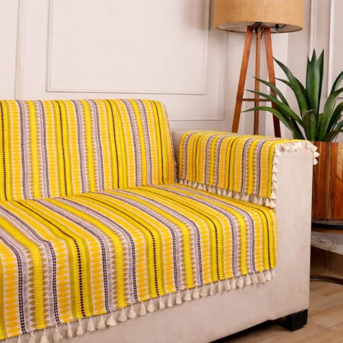 Image of Gifts Island 3 Seater Cotton Sofa Cover Mat | Anti Slip Sofa Cover Throw | All Over Furniture Protector with Elastic Straps | Washable Couch Cover for Living Room (Yellow, 3 Seater)