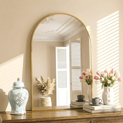 Antok Arched Bathroom Mirror, 24'x36' Wall Mounted Mirror, Vanity Mirrors for Over Sink, Aluminum Alloy Frame Bathroom Mirrors Living Room, Bedroom and Entryway, Gold