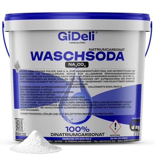 GiDeli Soda de lavado 5 kg en cubo. Soda en polvo para blanquear y decolorar. Carbonato de sodio para ollas quemadas, así como para limpiar azulejos
