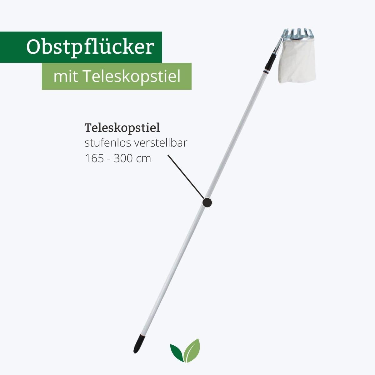 Rekord Obstpflücker mit Teleskopstiel (Stahl, mit Fangbeutel Ø 16 cm) Apfelpflücker, Birnenpflücker, Obstsammler, Obsternter, Erntehelfer, Pflückhilfe
