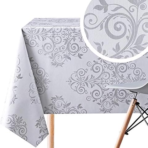 KP HOME Mantel Hule Mesa Rectangular 200x140 Plata Patrón de Damasco Cover