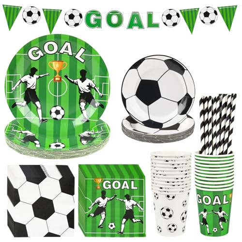 YQL 122 PCS Football Party Tableware Set for 24 Guests Disposable Football Birthday Decorations Paper Plates (9 & 7) /Napkins/Cups/Straws/Banner Party Supplies for Sports Theme Birthday World Cup
