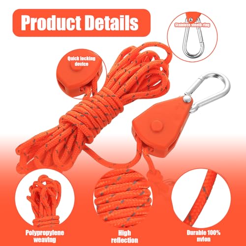 6 Pcs Reflective Tent Guy Ropes for Tents, 4mm x 4M Heavy Duty Ratchet RopesAdjustable Tent Guide Ropes, Grow Lights Ratchet Hangers with Tensioner for Indoor Outdoor Camping Hiking Awning - Image 2