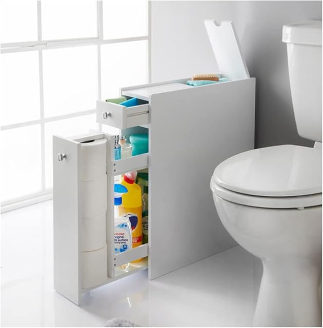 Saxony® Narrow Bathroom slimline storage box unit slim White wooden Floor standing Cabinet with 2 Slide Out drawers and small lid on top storage solutions cupboard