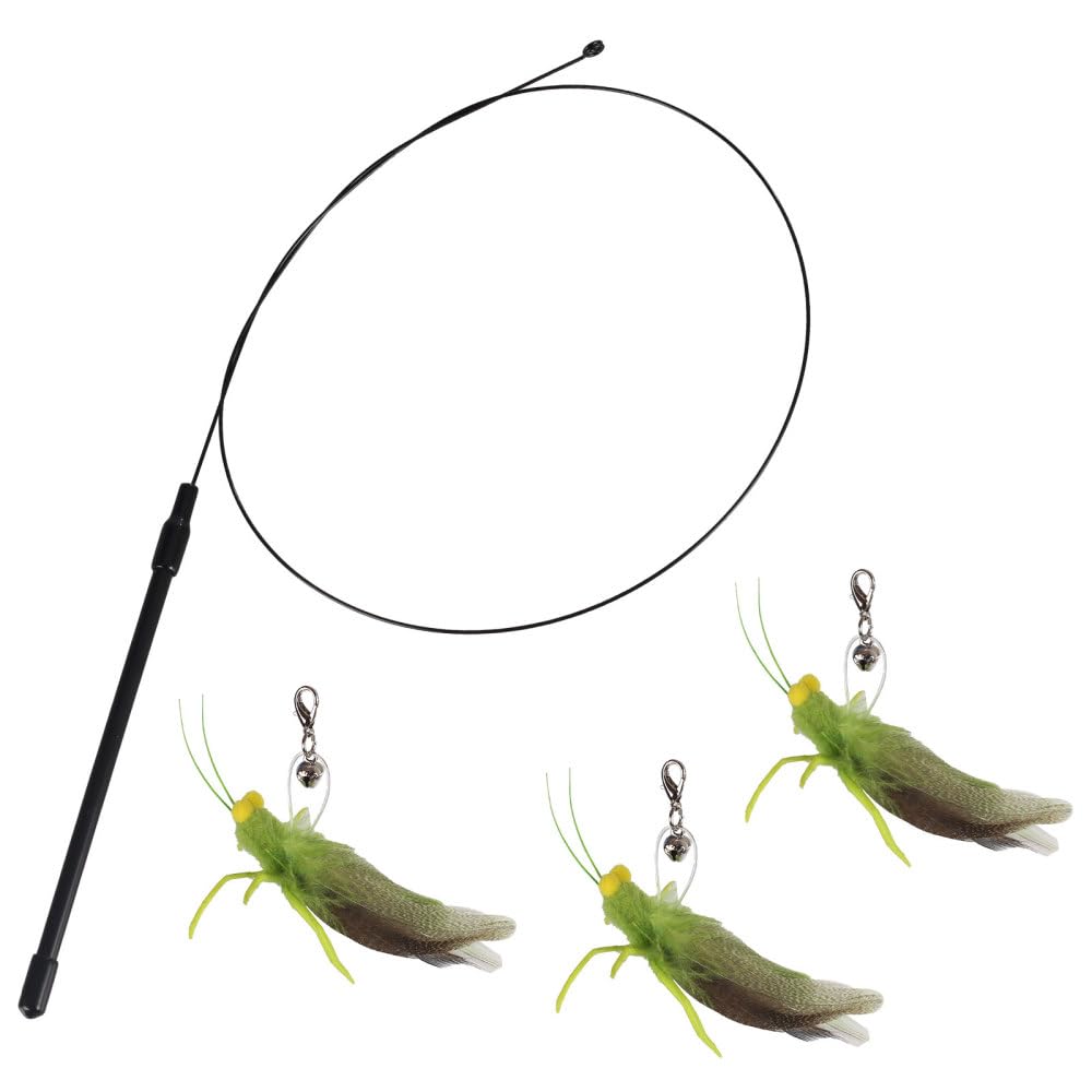 BDKMMS Cat Feather Toys, Handheld Teaser Wand Toy with 3Pcs Grasshopper Replacement, Interactive Feather and Bell Wand Toy for Kitten Cat