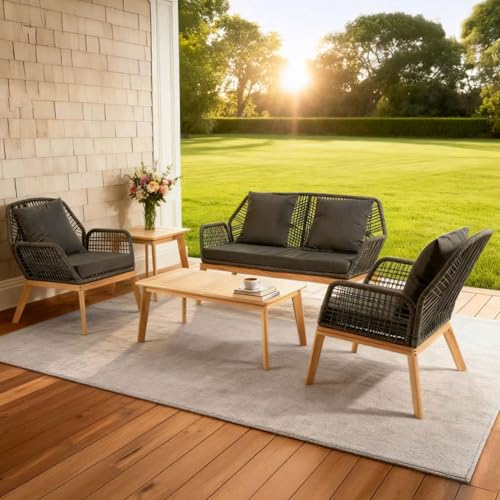 Salon de Jardin 4 Places Rosario - Ensemble Lounge Bois de Chêne & Corde Noire - 5 Pièces (Canapé, 2 Fauteuils, 2 Tables) - Design Naturel & Chic pour...