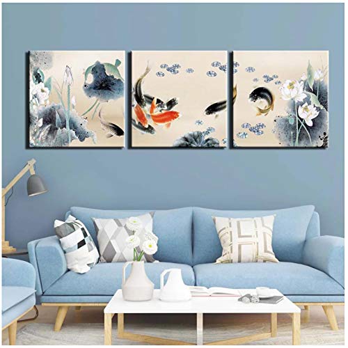 HGLLL Impression sur Toile Poisson Koi Carpe Peinture sur Toile Feng Shui Peinture Toile Art Mural pour Salon décor (50x50cm) x3Pcs sans Cadre Cover