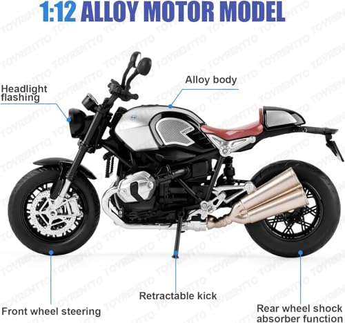 Image of 1:12 Scale BMW R NineT Die-Cast Bike Model with Light & Sound - Pull Back Toy Motorcycle for Kids & Collectors Grey