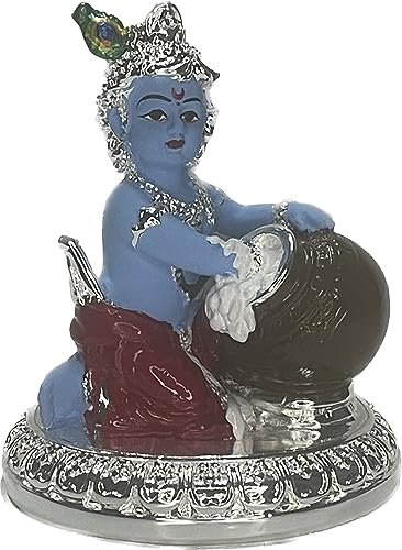Image of Makhan Chor Idol Kanha Ji Matki Krishna Murti for Home Office Decor Silver Plated Makhan Chor Krishna Idol Statue for Janmashtami Puja Decoration Gifting