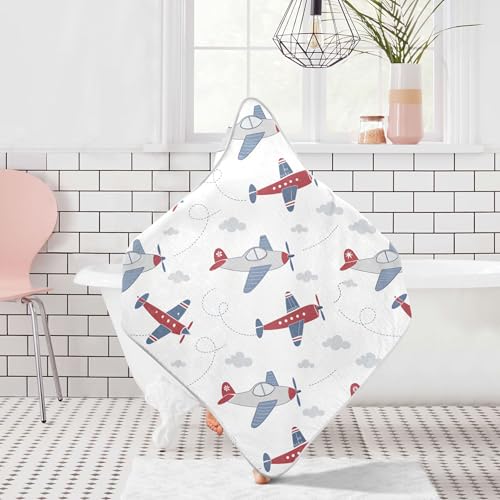 Image of Burbuja Cartoon Airplane Baby Bath Towel - Soft Absorbent Muslin Cotton Hooded Towel for Newborn Infant Toddler, 35x35 in