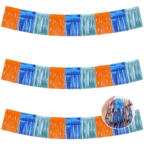 Image of BEISHIDA 3 Packs Metallic Foil Fringe Garland Orange Bue Wall Hanging Tinsel Fringe Banners for Car Floats Birthday Party Decoration Baby Shower Backdrops Dog Theme Party Supplies(30 Feet)